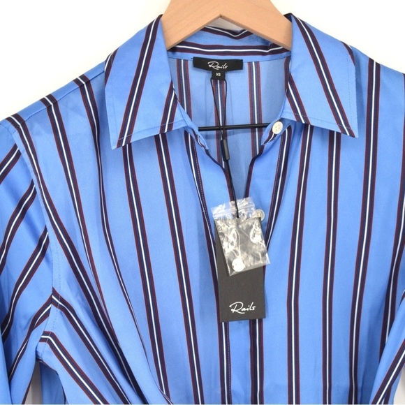 NEW Rails Lacey Button Down Wrap Dress Midi Long Sleeve Silky Stripe Blue XS - Picture 8 of 10
